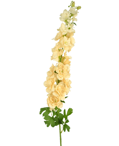 Een enkele Kunstbloem Delphinium 105 cm crème met meerdere lichtgele bloemen en groene bladeren, tegen een effen witte achtergrond.