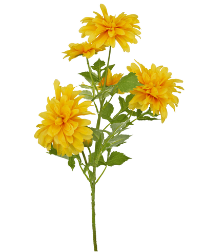 Een enkele oranje Kunstbloem Dahlia 60 cm steel met groene bladeren tegen een witte achtergrond.
