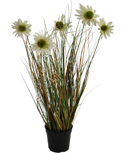 De Kunstgras chrysant uienpot 60cm brandvertragend heeft lange, dunne groene en bruine bladeren met meerdere hoge stelen met daarop witte margrietachtige bloemen met een geel hart.