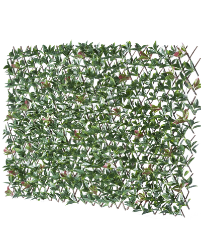 De Kunsthaag Photonia Uitschuifbaar 200x100 cm is een rechthoekig uitschuifbaar hekwerk met kunstgroene bladeren en roze bloemen, afgebeeld tegen een witte achtergrond.