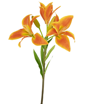 The Artificial Flower Asiatic Lily 66 cm orange has a single stem with three open orange lilies, an unopened bud and green leaves against a light background.