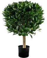 De Kunstplant Laurier UV d55 cm heeft een weelderig, rond bladerdak van groene bladeren en een stevige enkele stam in een eenvoudige zwarte pot.