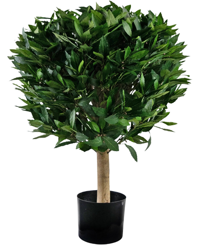 De Kunstplant Laurier UV d55 cm heeft een weelderig, rond bladerdak van groene bladeren en een stevige enkele stam in een eenvoudige zwarte pot.