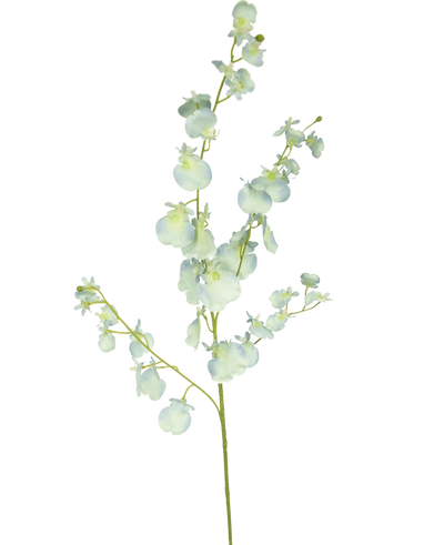 Een enkele steel van Kunsttak Orchidee 80 cm in turquoise heeft meerdere kleine kunstbloesems en -knoppen, tegen een effen witte achtergrond.