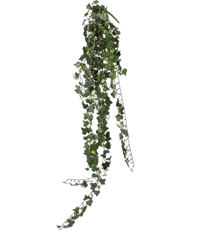 A single strand of artificial ivy hanging plant 125 cm fire retardant with dark green, heart-shaped leaves hangs down against a plain white background.