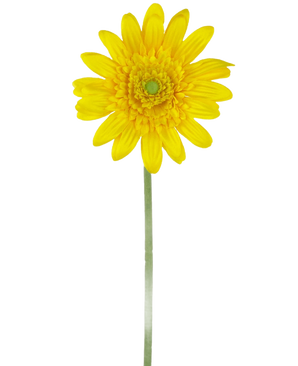 The Artificial Flower Gerbera 53 cm yellow is a single yellow artificial daisy with a green heart and a long green stem, against a plain white background.