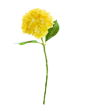 De Kunstbloem Charlotte hortensia Real Touch Geel 49 cm heeft een enkele gele hortensia met groene bladeren en een lange steel, tegen een effen witte achtergrond.