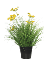 De Kunst Grasplant Asteraceae 50 cm brandvertragend heeft lange, dunne groene bladeren en kleine gele bloemen in een zwarte pot, die een groene uitstraling-perfect kunstgras in huis biedt tegen een effen witte achtergrond.
