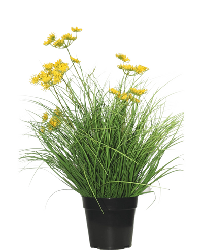 De Kunst Grasplant Asteraceae 50 cm brandvertragend heeft lange, dunne groene bladeren en kleine gele bloemen in een zwarte pot, die een groene uitstraling-perfect kunstgras in huis biedt tegen een effen witte achtergrond.