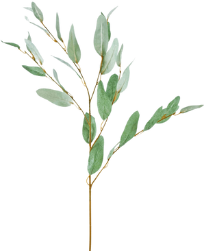The Artificial Branch Eucalyptus 86 cm green has a single decorative eucalyptus branch with slender green silk leaves and thin brown stems, isolated on a white background.