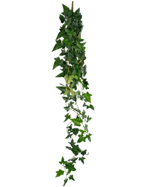De Kunst hangplant Klimop Boston 120 cm groen heeft een weelderige, trapsgewijze streng van kunstmatige groene klimop met puntige bladeren, perfect om groen toe te voegen aan elke ruimte tegen een witte achtergrond.