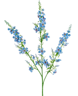 De Kunstbloem Catnip 75 cm blauw heeft een enkele groene stengel die zich in drieën vertakt, elk met trosjes kleine, levendige blauwe bloemen met een paars hart en groene bladeren, tegen een effen witte achtergrond.