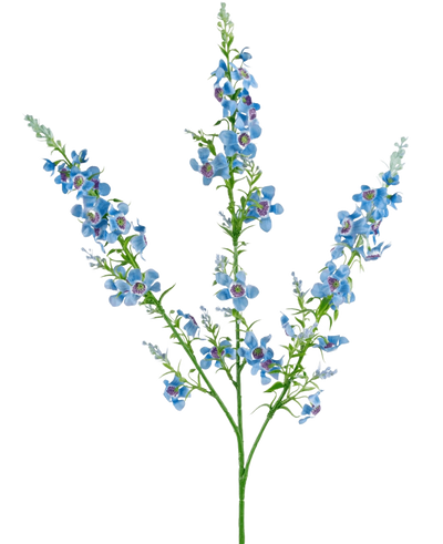 De Kunstbloem Catnip 75 cm blauw heeft een enkele groene stengel die zich in drieën vertakt, elk met trosjes kleine, levendige blauwe bloemen met een paars hart en groene bladeren, tegen een effen witte achtergrond.