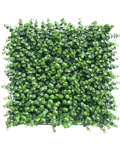De Kunsthaag Eucalyptus 50x50 cm UV is een dicht, vierkant kunstpaneel met groene bladeren in een rasterdesign, dat een stijlvolle bladerwand vormt tegen een effen witte achtergrond.