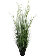 The Artificial Grass Millet-Onion Grass Bonsai 120cm fire retardant has high, slender green blades and small white flowers in a simple black pot, against a plain white background.
