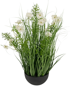 De Kunstgras witte Gesang Bloem uiengraspot (56cm, brandvertragend) heeft hoge, grasachtige groene bladeren en delicate witte bloemen in een zwarte pot voor een weelderige, natuurlijke uitstraling.