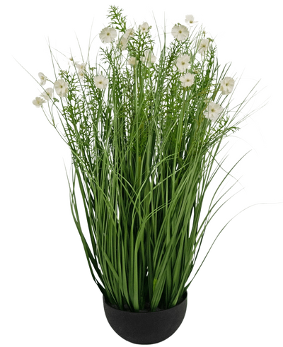 De Kunstgras witte Gesang Bloem uiengraspot is een 90cm brandvertragende kunstplant met lange, dunne groene bladeren en delicate witte bloemen in een ronde zwarte pot, tegen een effen witte achtergrond.