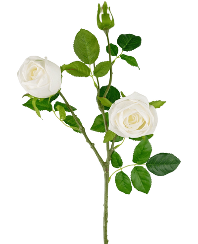 De Kunstrozentak Real Touch wit 72cm heeft een enkele steel met twee bloeiende witte rozen, een rozenknop en verschillende groene bladeren, allemaal tegen een effen witte achtergrond.