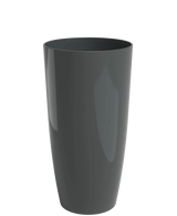 A tall, glossy Santorini Planter (Ø27cm x H40cm) in dark gray plastic stands upright on a plain white background.