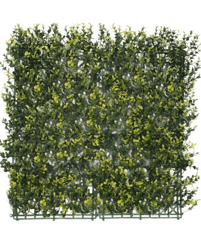 The Artificial Hedge Boxwood Yellow 50x50 cm UV is a square panel of dense artificial green foliage with yellow leaves, designed to resemble a hedge or garden wall, against a plain white background.