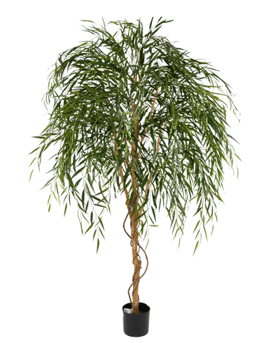The Artificial Willow Tree 210 cm is a tall artificial tree with slender, hanging green leaves and a twisted brown trunk against a plain white background.