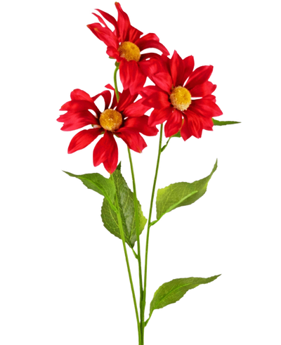 De Kunstbloem Madelief 78 cm rood heeft drie levendige rode kunstmadeliefjes met gele hartjes en groene blaadjes op lange stelen, tegen een effen witte achtergrond.