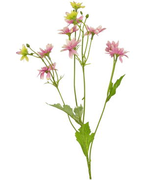 The Artificial Flower Madelief 55 cm pink is an artificial flower with a single green stem with several branches, each decorated with delicate pink and white daisy-like flowers and serrated green leaves, depicted against a white background.