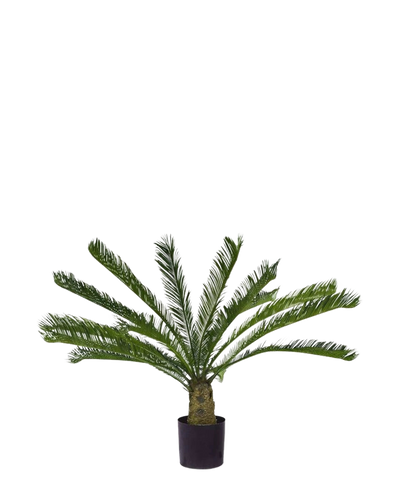 De Kunstplant Cycus Palm Deluxe 95 cm heeft overhangende, vederachtige groene bladeren en een dikke, gestructureerde stam tegen een effen witte achtergrond.