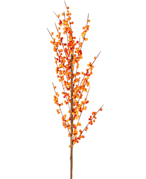 De Kunsttak Ilex 100 cm oranje heeft een enkele bruine tak met gelijkmatig verspreide trossen levendige oranje en gele bessen langs dunne stelen, wat zorgt voor een feestelijke, herfstachtige uitstraling.