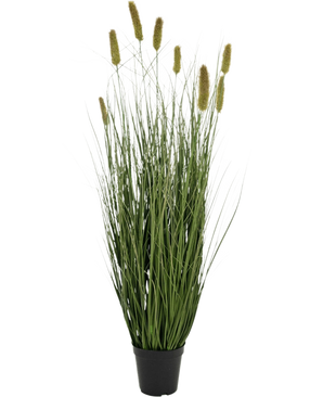De Kunstgras Matsutake uiengraspot 90cm brandvertragend heeft een zwarte pot met lange, dunne groene grasachtige bladeren en geelachtige donzige cilindrische bloemaren, tegen een effen witte achtergrond.