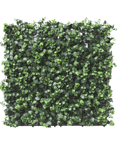 De Kunsthaag Eucalyptus 50x50 cm UV is een vierkant paneel met dichte, kleine, ronde kunstmatige eucalyptusbladeren, dicht opeengepakt voor een levendige en natuurlijke look, perfect voor het creëren van weelderige verticale tuinen of decoratieve muren binnen of buiten.