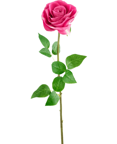 De Kunstroos Real Touch 56 cm roos heeft een enkele roze kunstroos met levensechte groene bladeren op een lange steel, tegen een effen witte achtergrond.