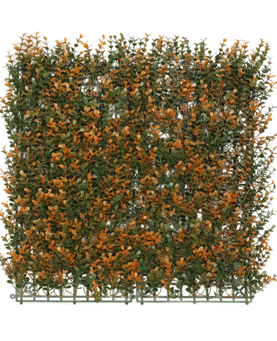 De Kunsthaag Buxus oranje 50x50 cm UV is een vierkant kunstgroenpaneel met dichte groene en oranje bladeren op een kunststof drager, ontworpen om een haag of tuinmuur te imiteren.