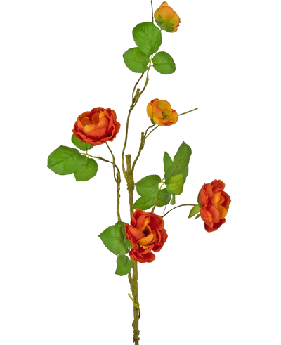 Een enkele Kunstroos vertakt 90 cm met meerdere rode kunstrozen met groene bladeren tegen een effen witte achtergrond.