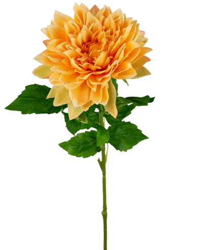 De Kunst Georgine Real Touch geel 70cm heeft een enkele gele dahlia met gelaagde bloemblaadjes en groene bladeren op een lange steel, geïsoleerd op een witte achtergrond.