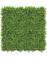 Kunsthaag Cupressus 50x50 cm UV: Een dicht, levendig groen kunsthaagpaneel van bovenaf gezien tegen een witte achtergrond, ideaal voor het creëren van realistische plantenmuren.