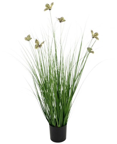 De Kunstgras vlinder-ui graspot 90cm brandvertragend heeft lange, dunne groene kunstgrasbladeren en gelige bloemen op lange stelen, gepresenteerd in een pot tegen een effen witte achtergrond.