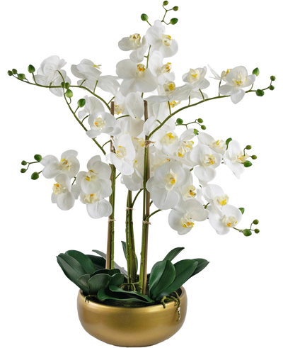 De Kunst Orchidee Real Touch 50 cm wit heeft witte orchideeënbloemen met een geel hart op hoge groene stelen en weelderige groene bladeren, prachtig gerangschikt in een glanzende gouden pot.
