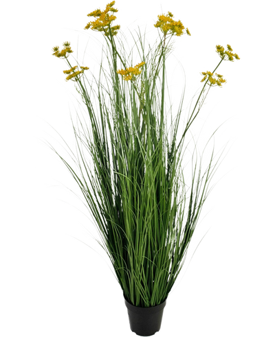 De Kunstgras Wortel Bloem Ui Graspot 120cm is een brandvertragende kunstplant in pot met lange groene grasachtige bladeren en trosjes kleine gele bloemen, geïsoleerd afgebeeld op een witte achtergrond.