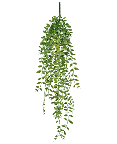 De Kunst hangplant Vetplant 76 cm heeft groene bladeren en dunne stengels tegen een effen witte achtergrond.