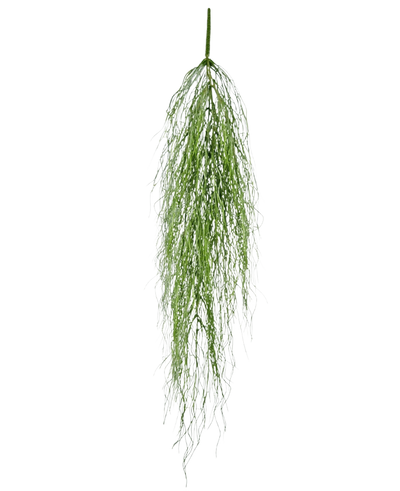 De Kunst hangplant Kelp gras 91 cm heeft een enkele stengel van donzig groen kunstloof met lange, dunne bladeren die sierlijk neervallen tegen een effen witte achtergrond.