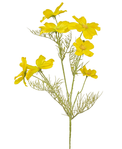 De Kunstbloem Cosmos 74 cm geel heeft heldergele bloemen en delicate, vederlichte groene bladeren op slanke stelen - perfect om een boeket te maken tegen een effen witte achtergrond.