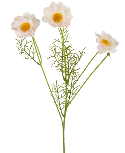 De Kunstrozenkraag Real Touch Wit/roze 50cm heeft drie lichtroze en witte kunstbloemen met gele hartjes en delicate groene blaadjes op lange stelen, prachtig weergegeven tegen een effen witte achtergrond.