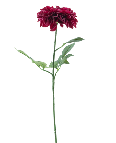 De Kunstbloem Dahlia Real Touch Paars 72 cm heeft een enkele paarse dahlia met gelaagde bloemblaadjes en een lange groene steel met verschillende bladeren, tegen een effen witte achtergrond.