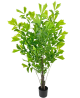 De Kunstplant Fishtailpalm 150 cm is een hoge, bladgroene kunstplant met slanke stengels en brede, waaiervormige bladeren, in een kleine zwarte pot tegen een witte achtergrond.