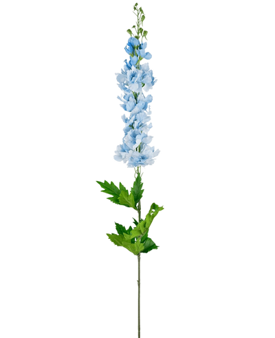 De Kunstdelphinium Real Touch Blauw 90cm heeft een enkele hoge steel met meerdere lichtblauwe bloesems en gekartelde groene bladeren, tegen een effen witte achtergrond.