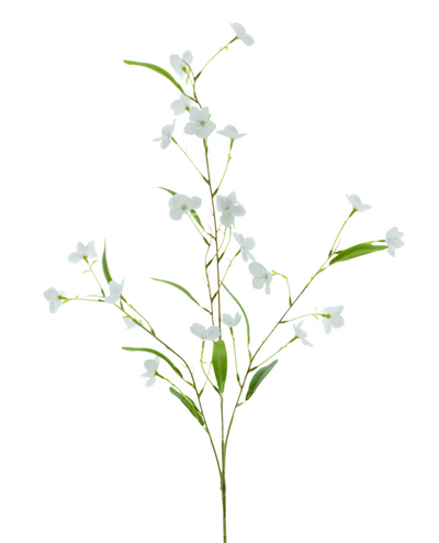 De Kunstbloem Alstroemeria Real Touch Wit 100 cm heeft slanke groene bladeren en kleine witte bloemen op een delicate steel, tegen een effen witte achtergrond.