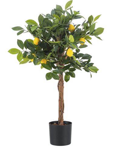 De Kunstplant citroenboom 75 cm is een kleine kunstcitroenboom met een bruine stam, groene bladeren en verschillende gele nepcitroenen tegen een effen witte achtergrond.