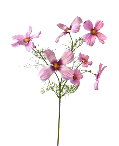 De Kunstbloem Cosmos 74 cm roze heeft een enkele stengel met meerdere lichtroze cosmos bloemen en delicate groene blaadjes, prachtig weergegeven tegen een witte achtergrond.