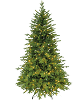 De kunstkerstboom "Vinje" 100% PE - Smart LED is een groene kunstkerstboom met PE-naaldjes en kleine warmwitte lichtjes op een zwarte metalen standaard, die een real-touch look biedt tegen een effen witte achtergrond.